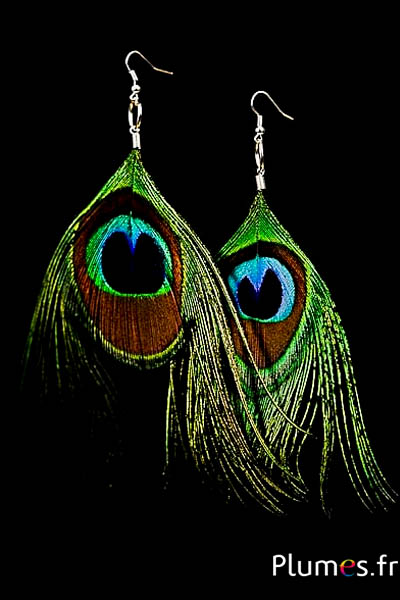 Boucles d'oreilles Paon - long. 15 cm - naturel